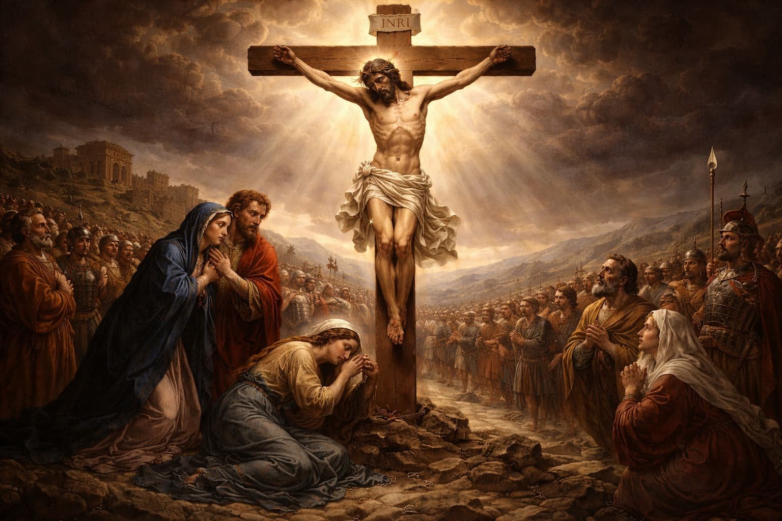 Crucifixion scene with mourners at dusk